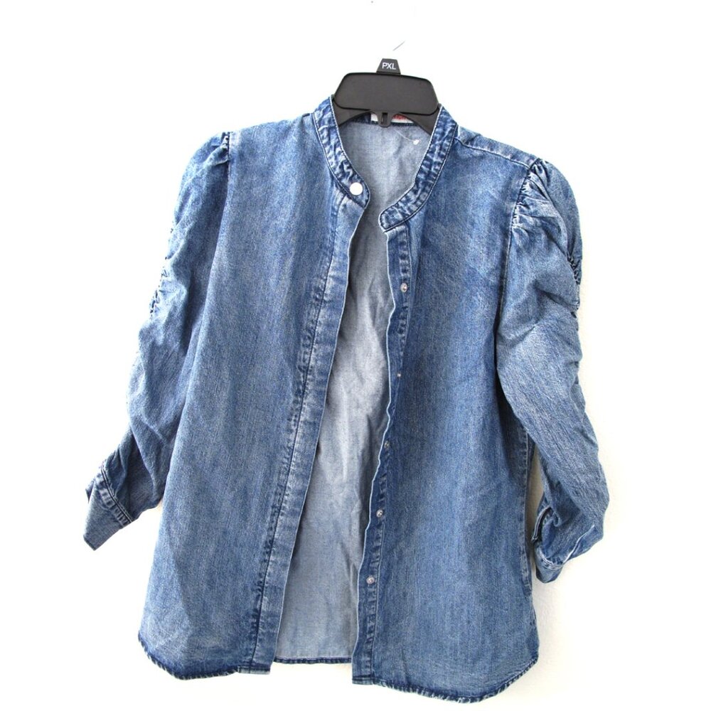 MAZIK Blue Denim Wahed Shirred Sleeve Top Size Small Women's Long Sleeve NWT